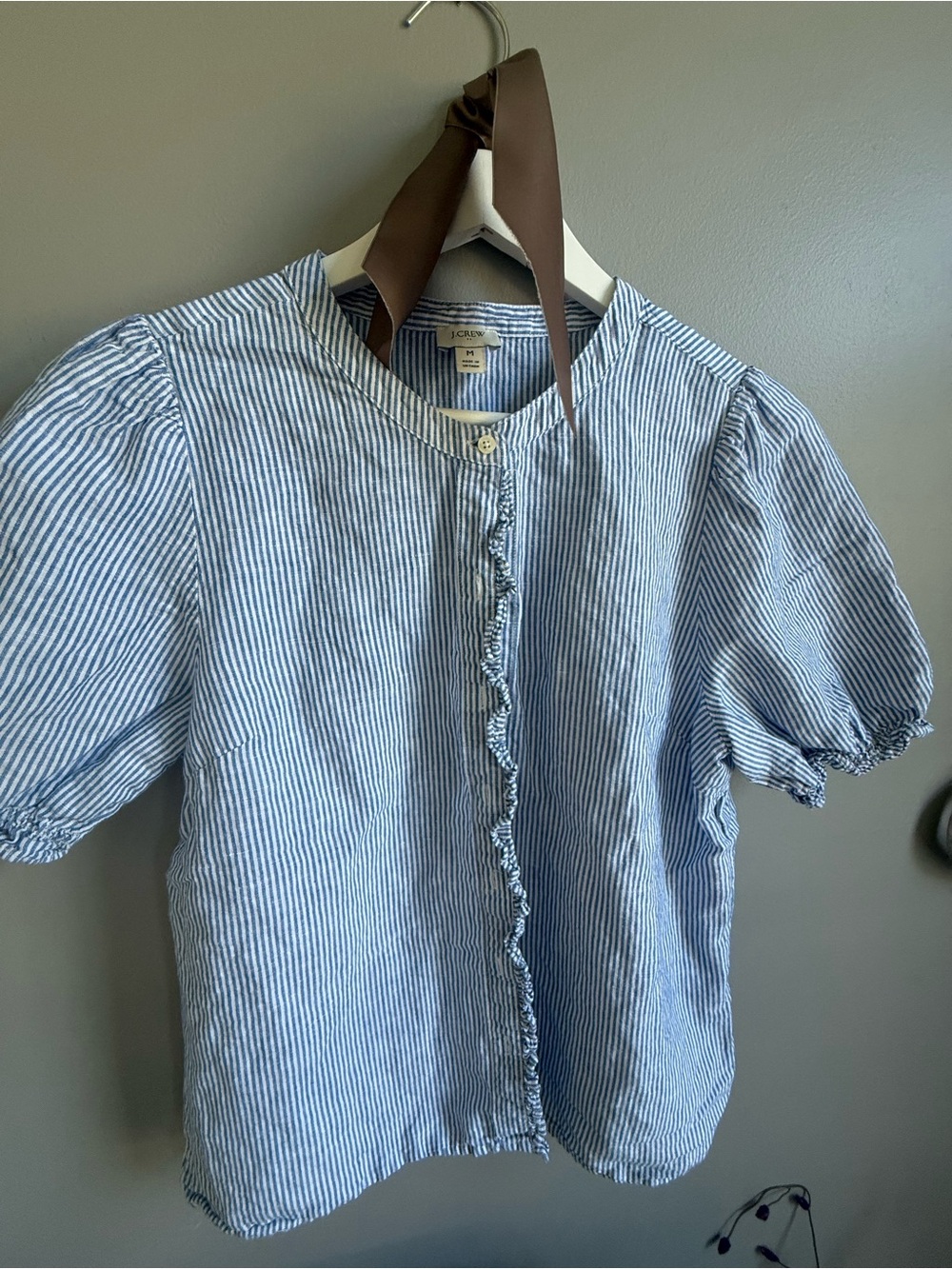 J. Crew Blue and White Striped Puff Sleeve Blouse